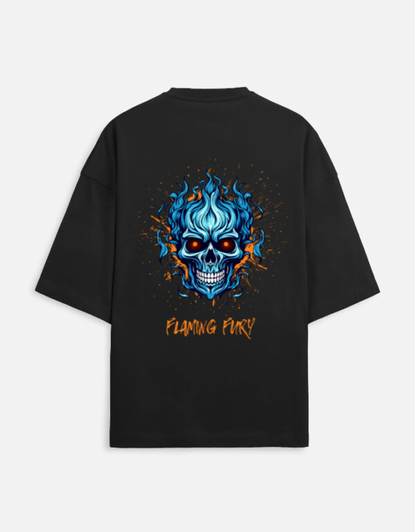 Unisex Terry Oversized Tee with blue flaming skull graphic – Flaming Fury design