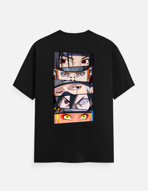 Anime Eye Panel T-Shirt hanging on wooden hanger with dark matte background and soft lighting