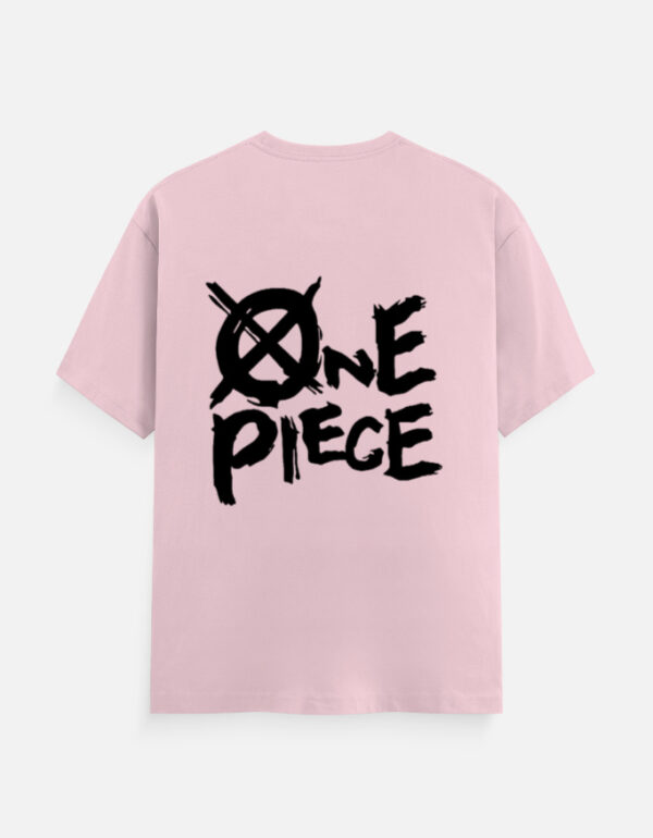 One Piece T-shirt mint green graffiti design hanging on wooden hanger