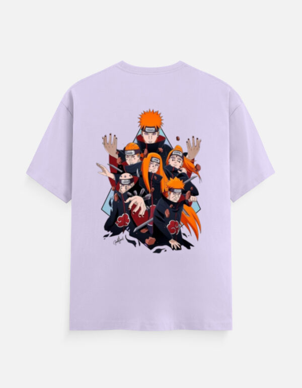 Unisex Classic Crew T-Shirt with Anime Back Print on Lavender Cotton – Hanging on Wooden Hanger