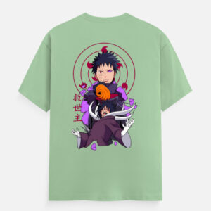 Unisex Classic Crew T-Shirt with Obito Uchiha Anime Design Hanging on Hanger