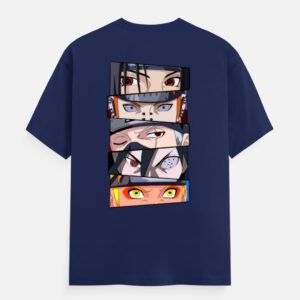 Anime Eye Panel T-Shirt hanging on wooden hanger with dark matte background and soft lighting