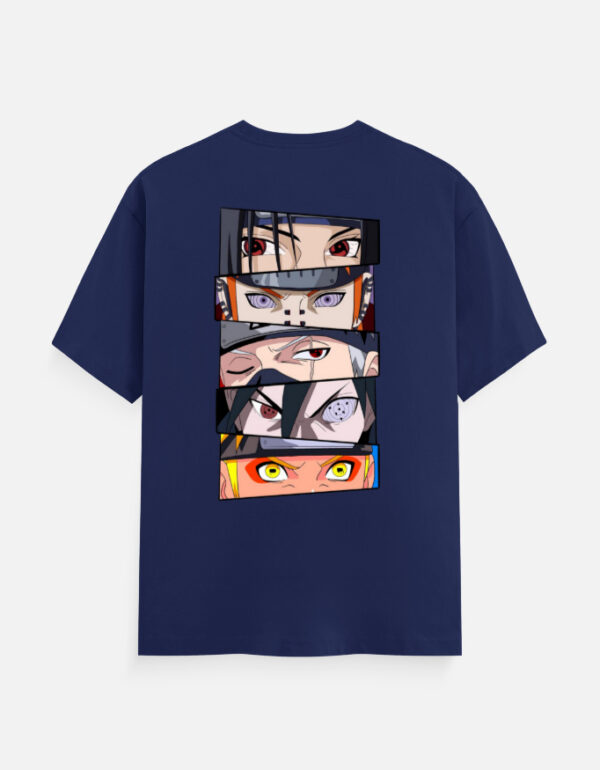 Anime Eye Panel T-Shirt hanging on wooden hanger with dark matte background and soft lighting