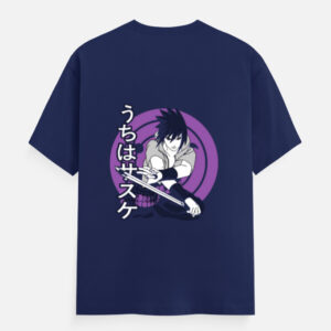 Sasuke Uchiha T-Shirt with Japanese Anime Graphic on Navy Blue Crew Tee