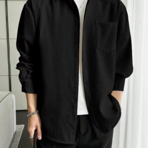 Black Popcorn Shirt for Men – Casual & Textured Long Sleeve Shirt