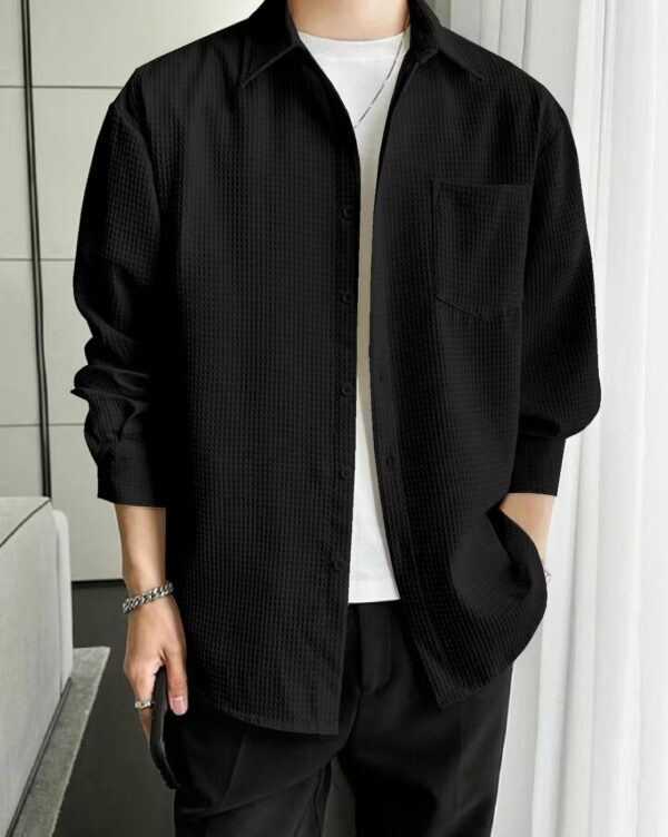 Black Popcorn Shirt for Men – Casual & Textured Long Sleeve Shirt