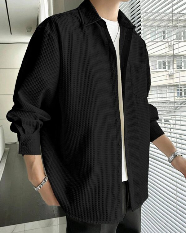 Black Popcorn Shirt for Men – Casual & Textured Long Sleeve Shirt
