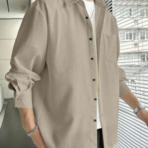 Coffee Popcorn Textured Shirt for Men – Waffle Knit Casual Long Sleeve in Coffee Brown