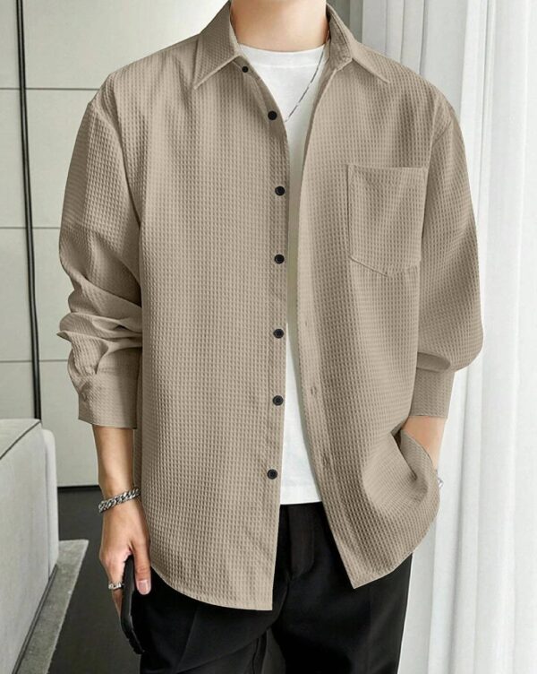 Coffee Popcorn Textured Shirt for Men – Waffle Knit Casual Long Sleeve in Coffee Brown
